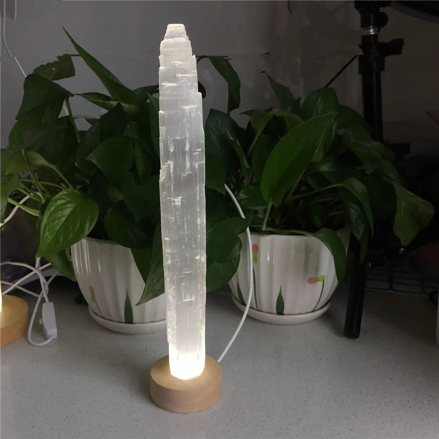 Natural Quartz Crystal Selenite Tower Lamp – Soothing Light for Cleansing & Spiritual Clarity