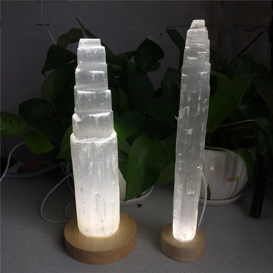 Natural Quartz Crystal Selenite Tower Lamp – Soothing Light for Cleansing & Spiritual Clarity