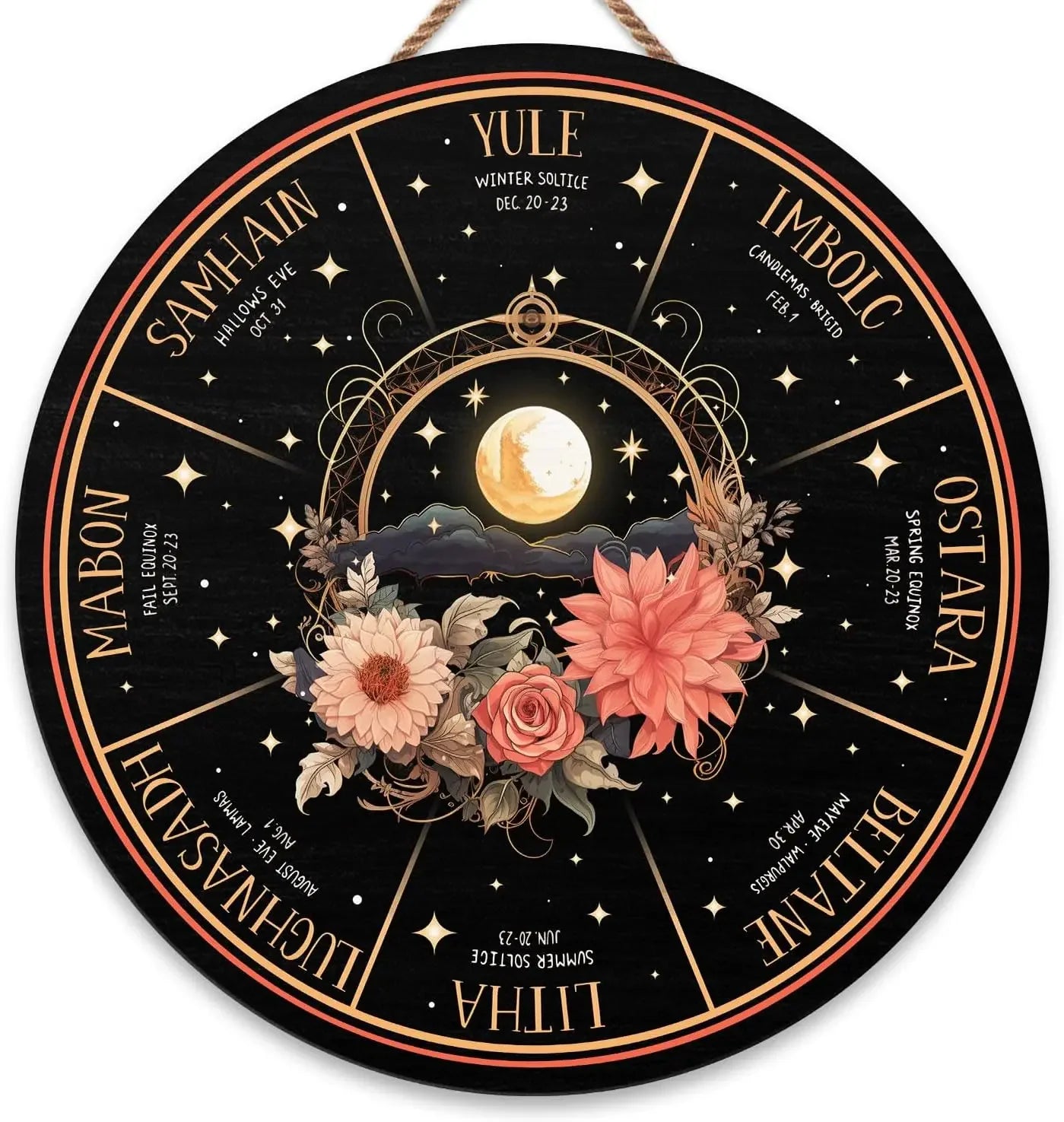 Round Wheel of the Year Wooden Wall Plaque – Pagan Sabbat Calendar for Ritual & Seasonal Decor