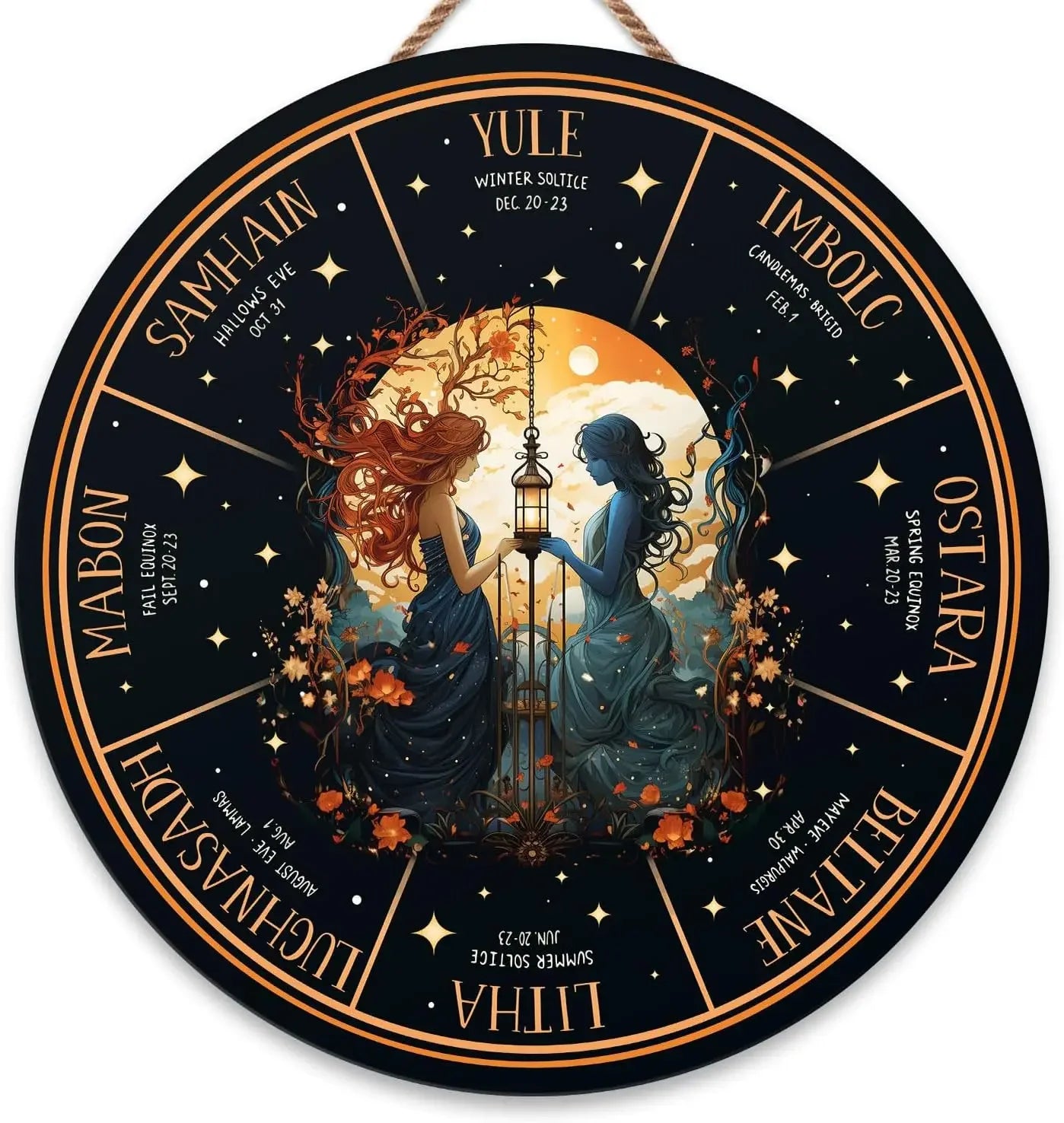 Round Wheel of the Year Wooden Wall Plaque – Pagan Sabbat Calendar for Ritual & Seasonal Decor
