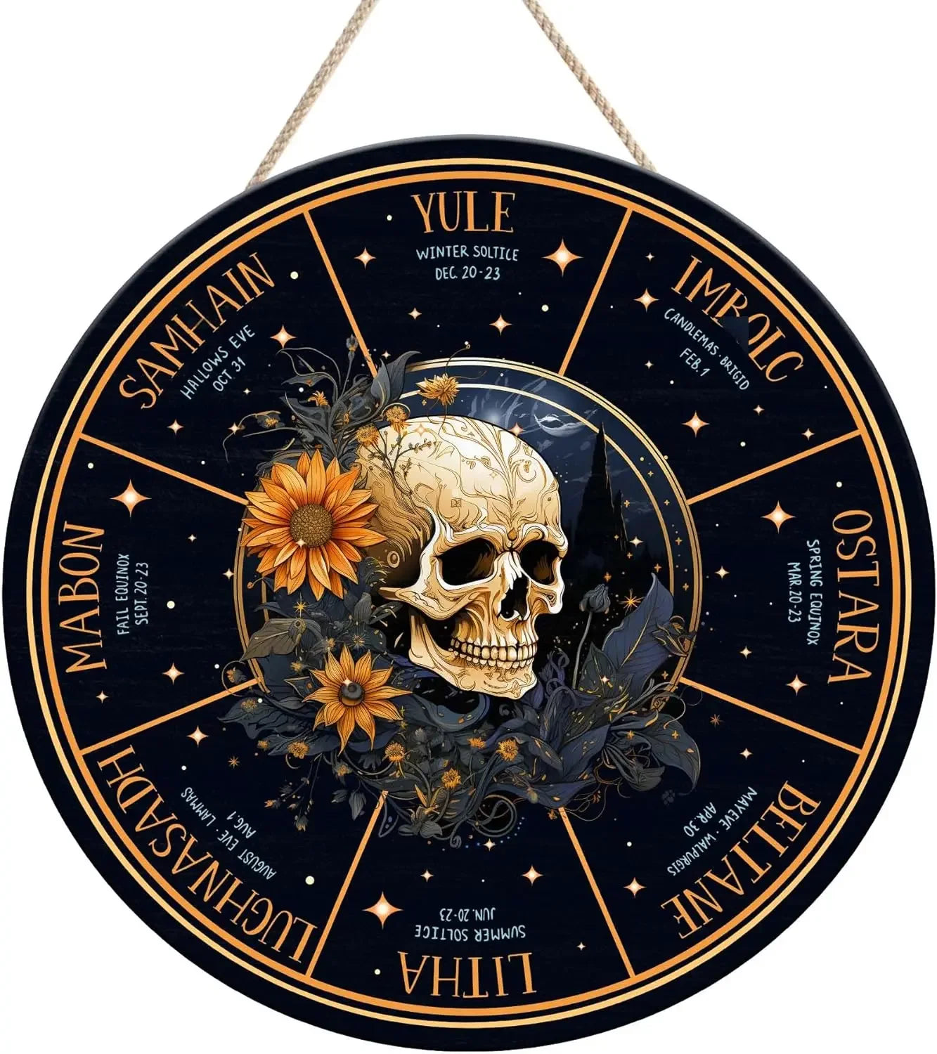 Round Wheel of the Year Wooden Wall Plaque – Pagan Sabbat Calendar for Ritual & Seasonal Decor