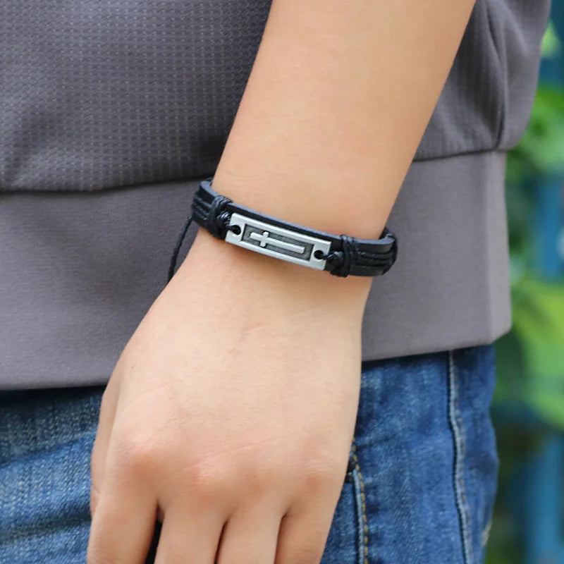 Brown/Black Cross Leather Bracelet – Unisex Faith Bracelet for Men and Women