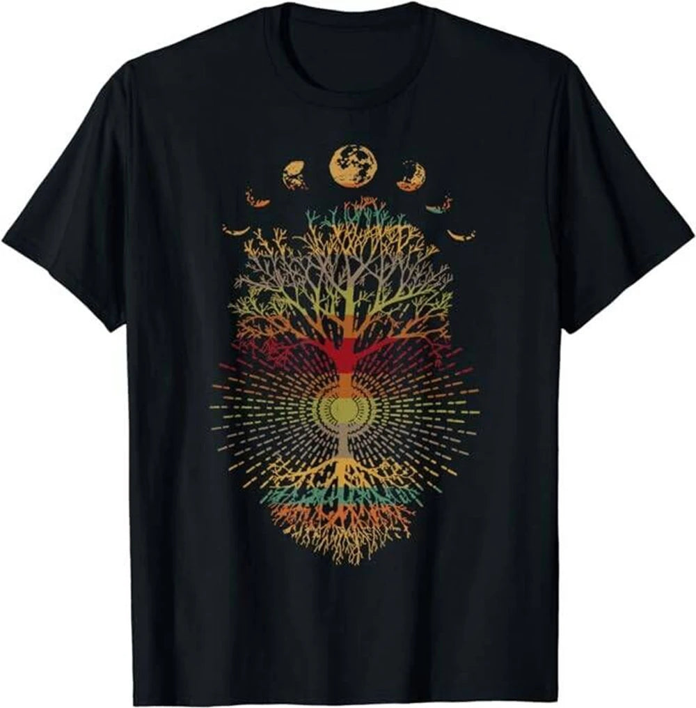 Phases of the Moon & Tree of Life T-Shirt – Retro 60s/70s Boho Spiritual Graphic Tee for Men & Women