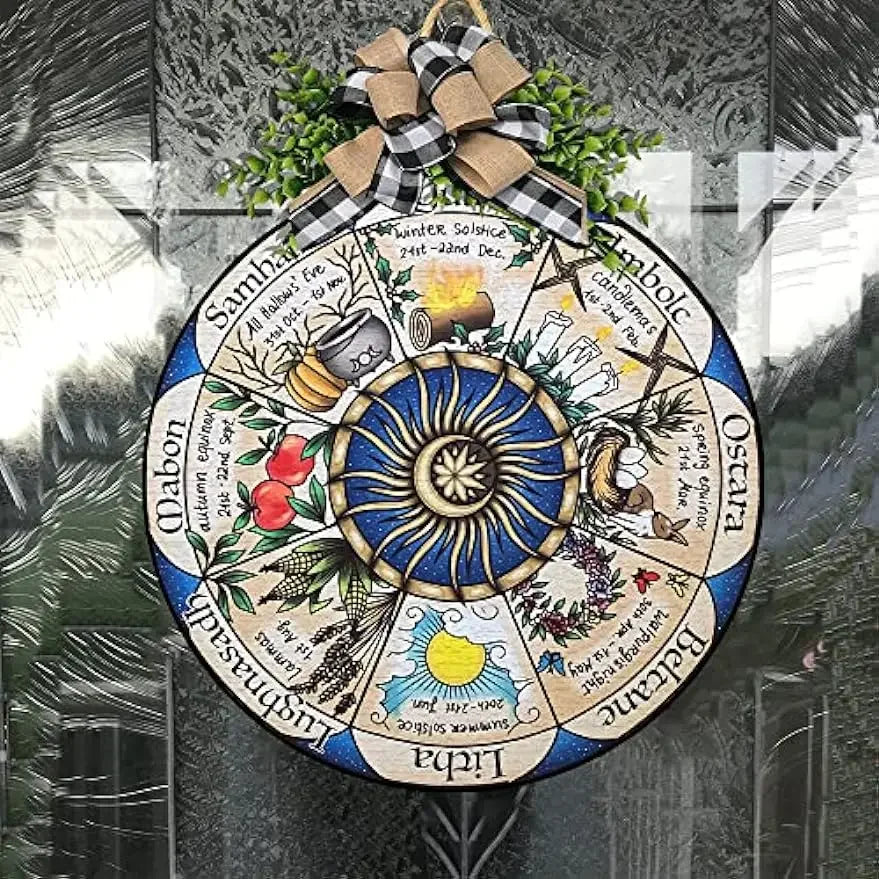 Round Wheel of the Year Wooden Wall Plaque – Pagan Sabbat Calendar for Ritual & Seasonal Decor
