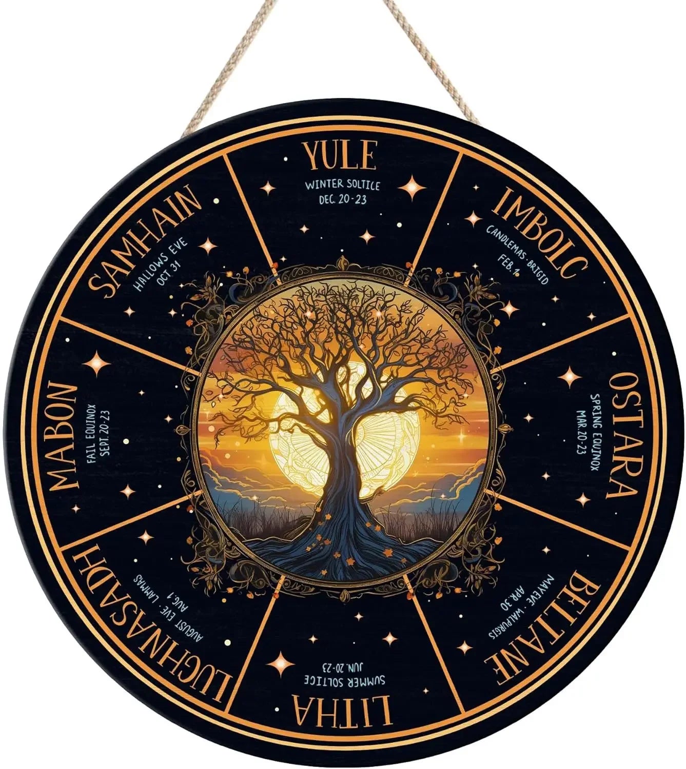 Round Wheel of the Year Wooden Wall Plaque – Pagan Sabbat Calendar for Ritual & Seasonal Decor