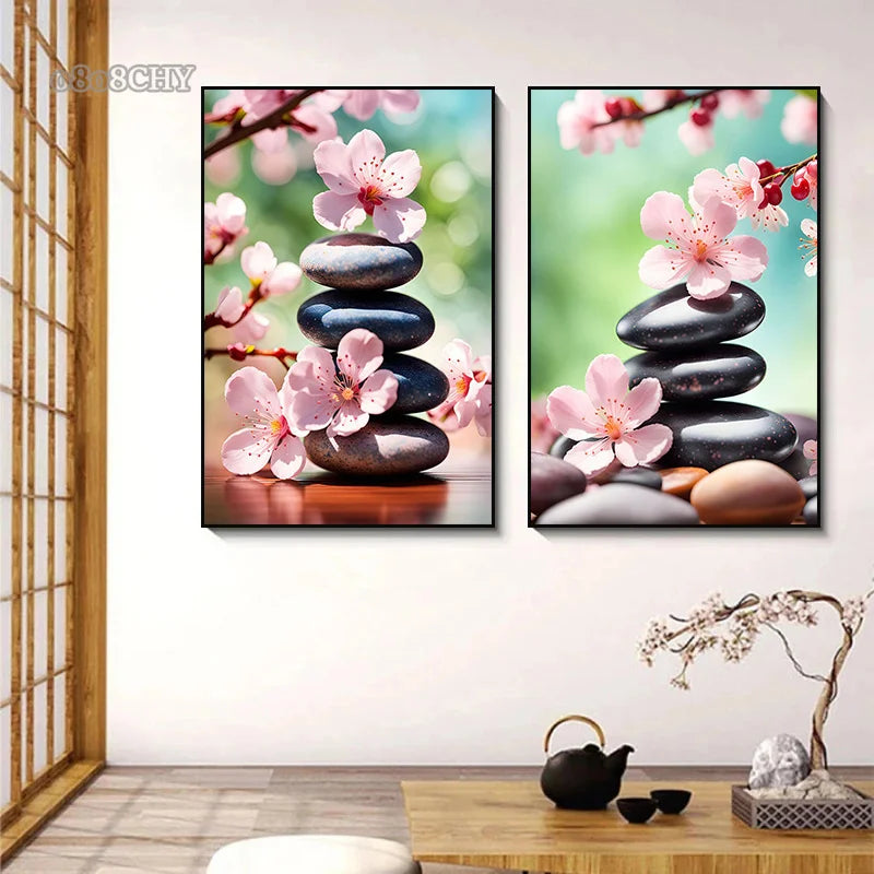 Spa Zen Canvas Wall Art – Cherry Blossom, Pink Lotus & Lily Floral Prints for Relaxation, Meditation & Home Decor