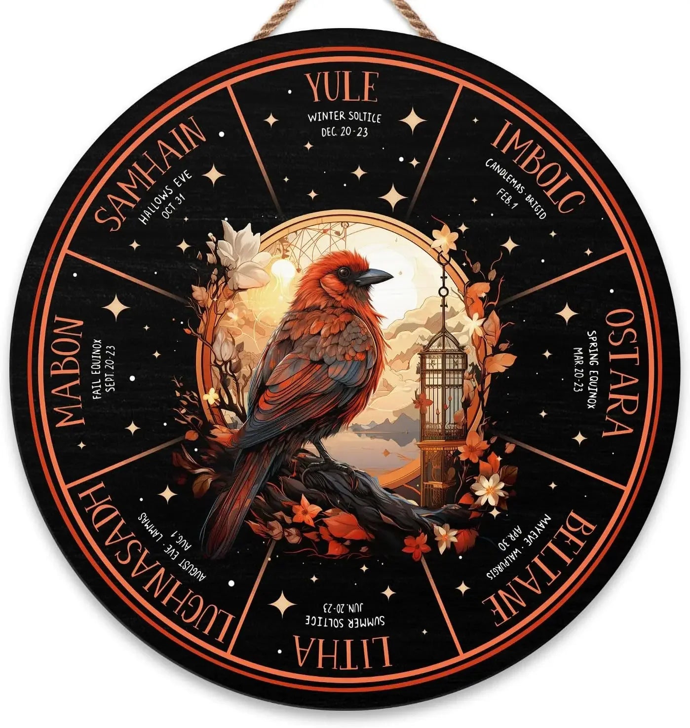 Round Wheel of the Year Wooden Wall Plaque – Pagan Sabbat Calendar for Ritual & Seasonal Decor