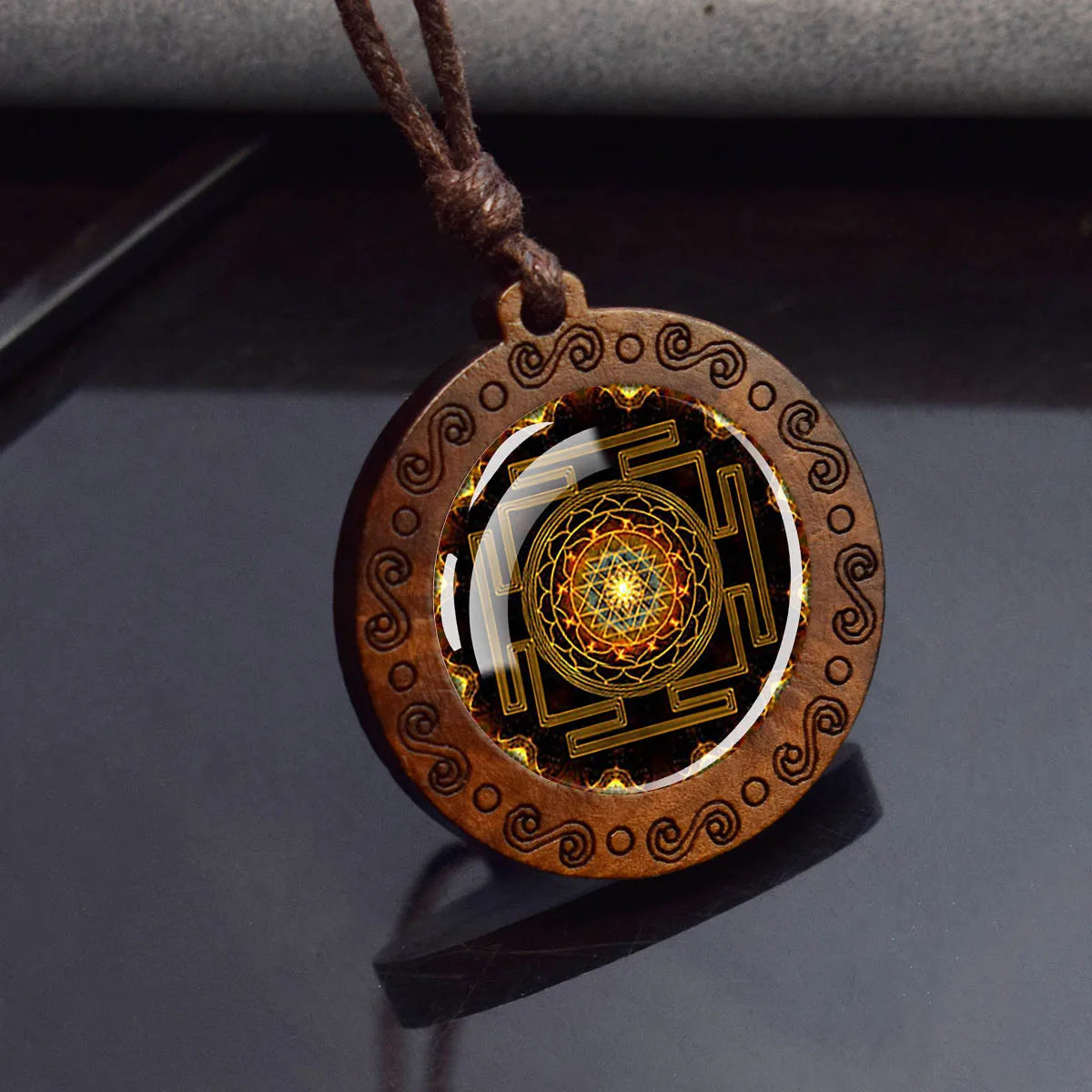 Sri Yantra Mandala Necklace – Sacred Geometry Glass Pendant on Wood Base | Spiritual Jewelry for Meditation & Balance