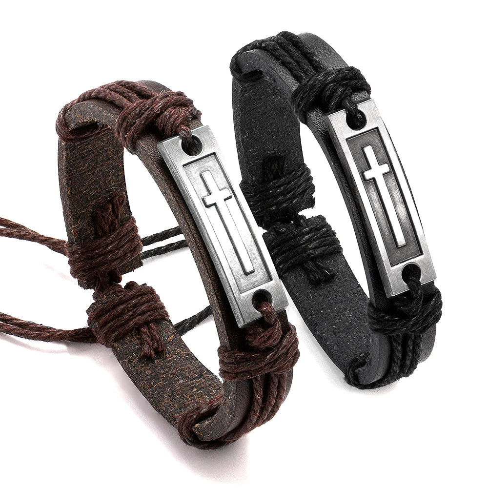 Brown/Black Cross Leather Bracelet – Unisex Faith Bracelet for Men and Women