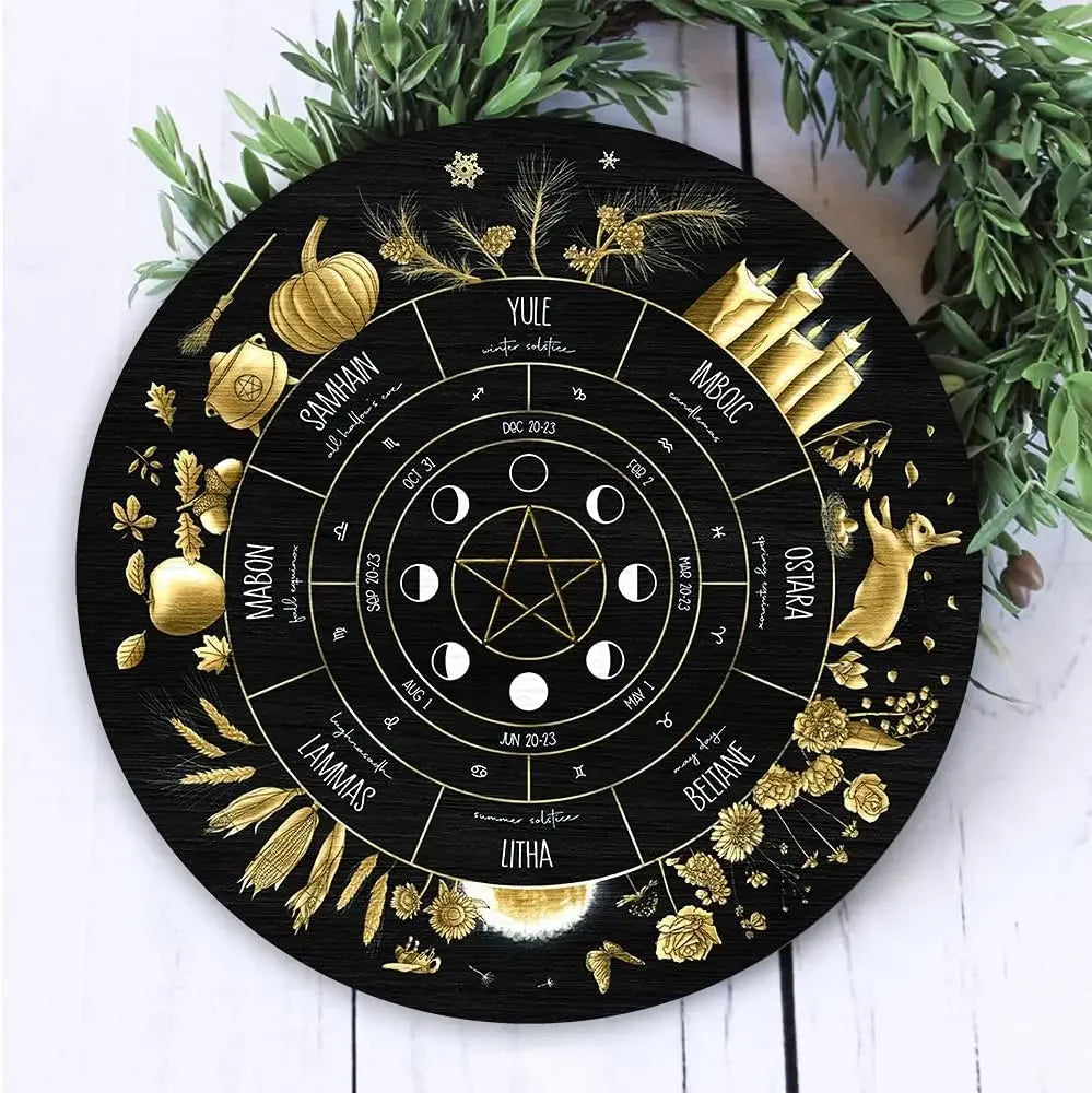 Round Wheel of the Year Wooden Wall Plaque – Pagan Sabbat Calendar for Ritual & Seasonal Decor