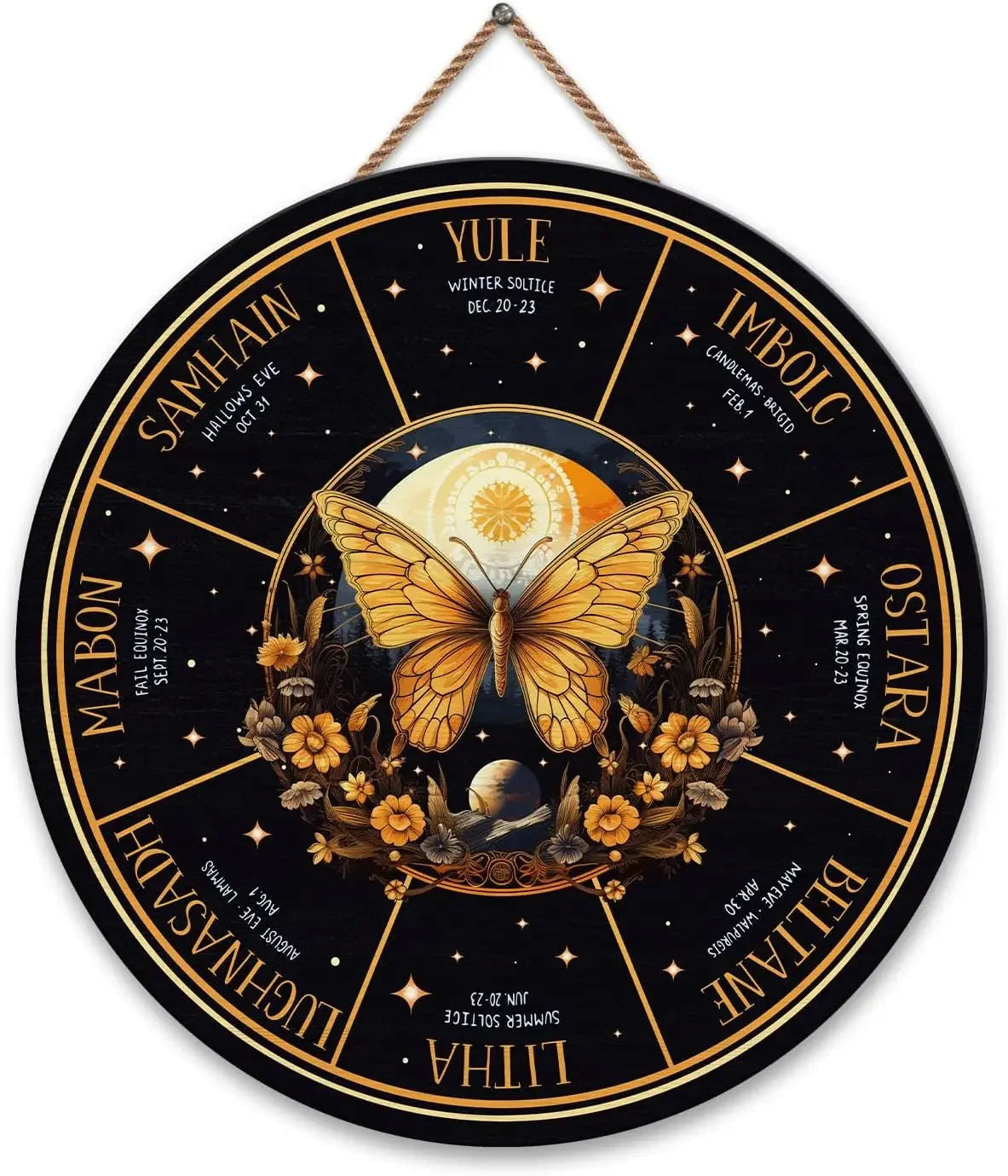 Round Wheel of the Year Wooden Wall Plaque – Pagan Sabbat Calendar for Ritual & Seasonal Decor