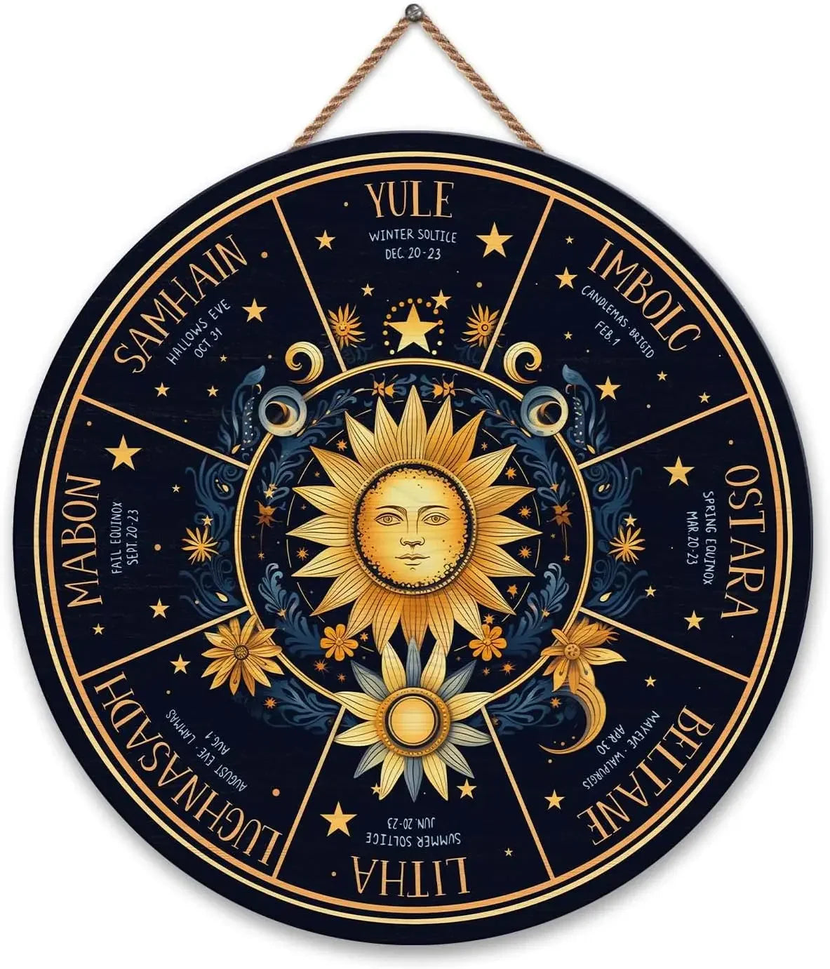 Round Wheel of the Year Wooden Wall Plaque – Pagan Sabbat Calendar for Ritual & Seasonal Decor