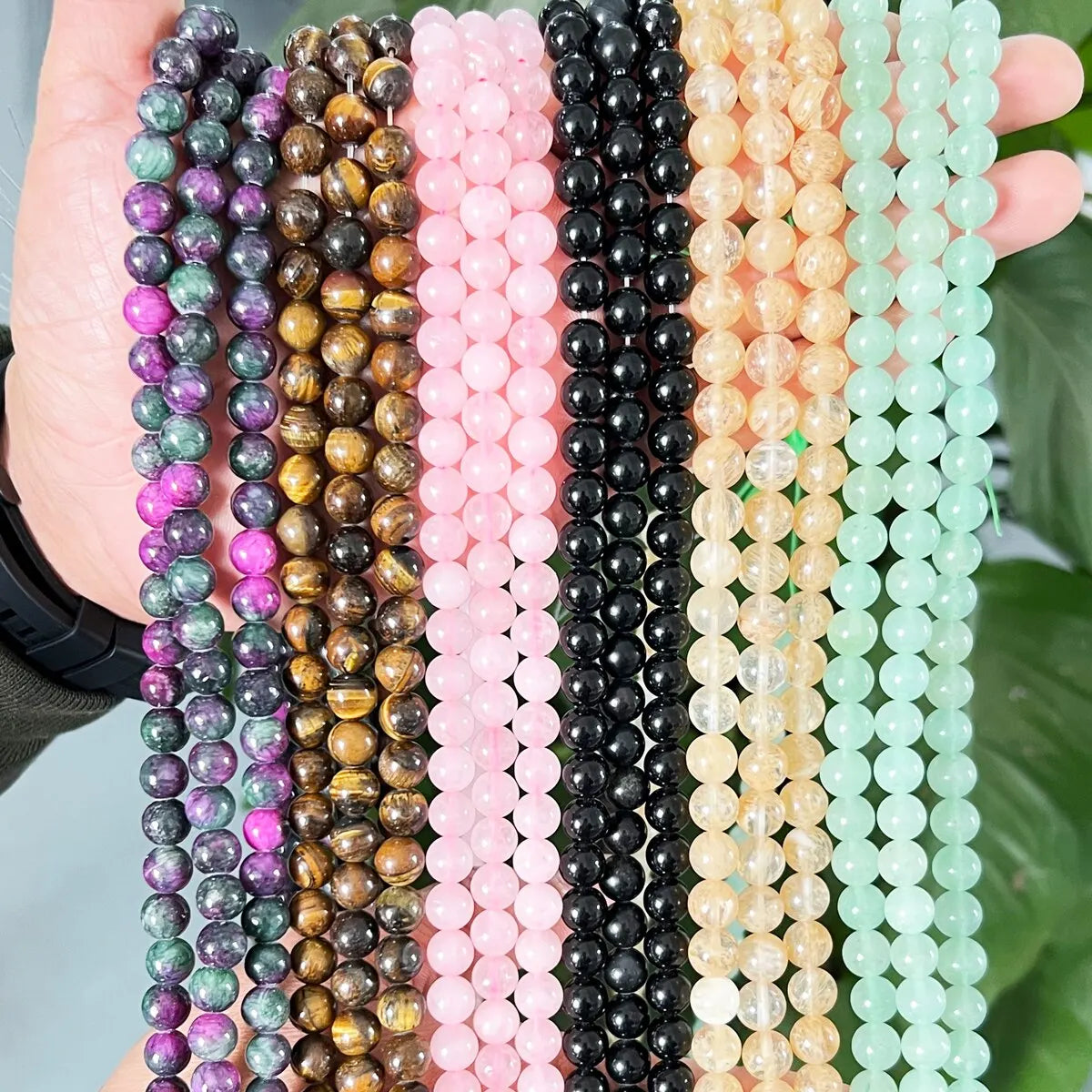 1 Strand – 45pcs Natural Stone Beads (Rose Quartz, Tiger Eye & Black Obsidian)