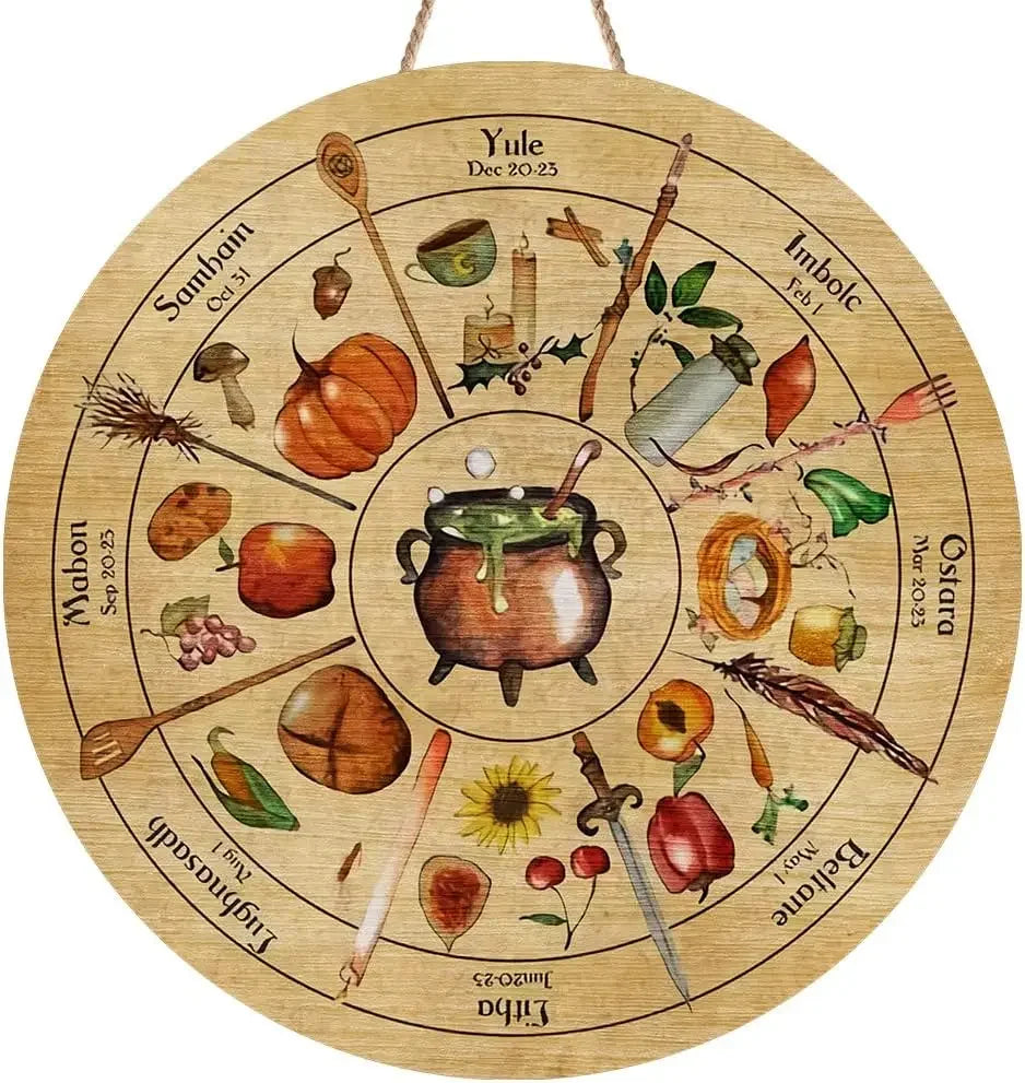 Round Wheel of the Year Wooden Wall Plaque – Pagan Sabbat Calendar for Ritual & Seasonal Decor