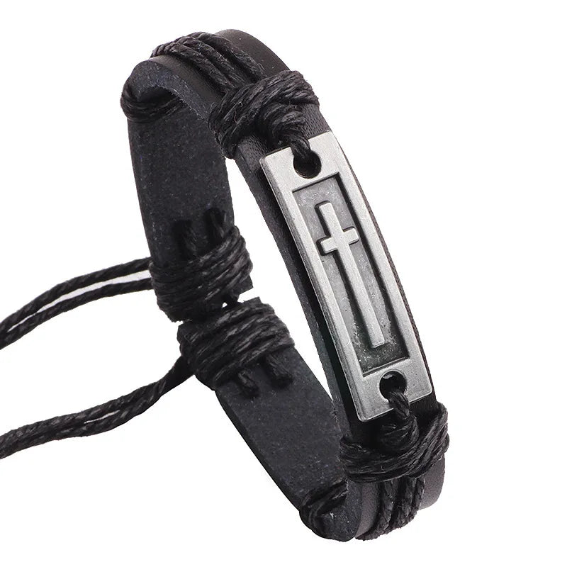 Brown/Black Cross Leather Bracelet – Unisex Faith Bracelet for Men and Women