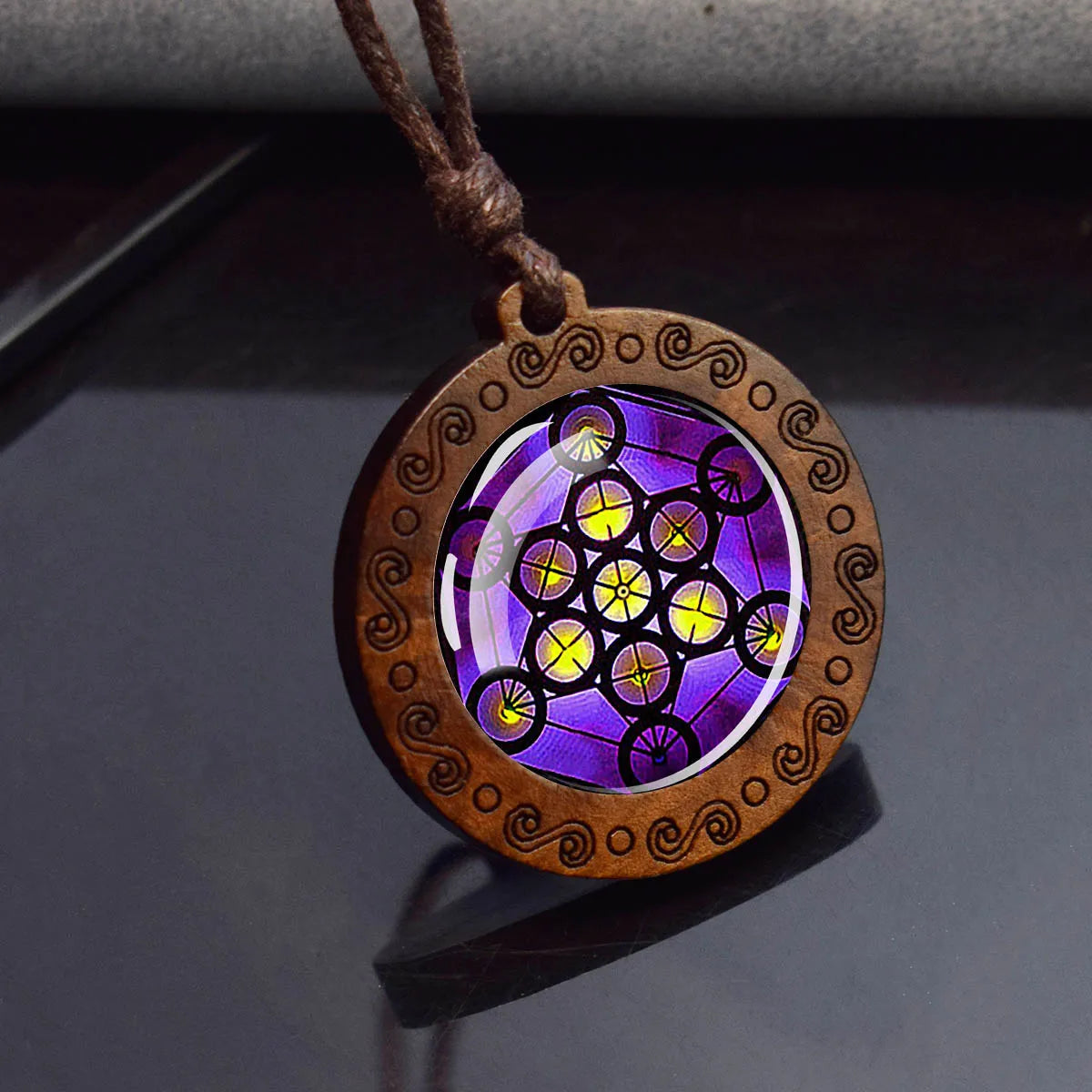 Sri Yantra Mandala Necklace – Sacred Geometry Glass Pendant on Wood Base | Spiritual Jewelry for Meditation & Balance