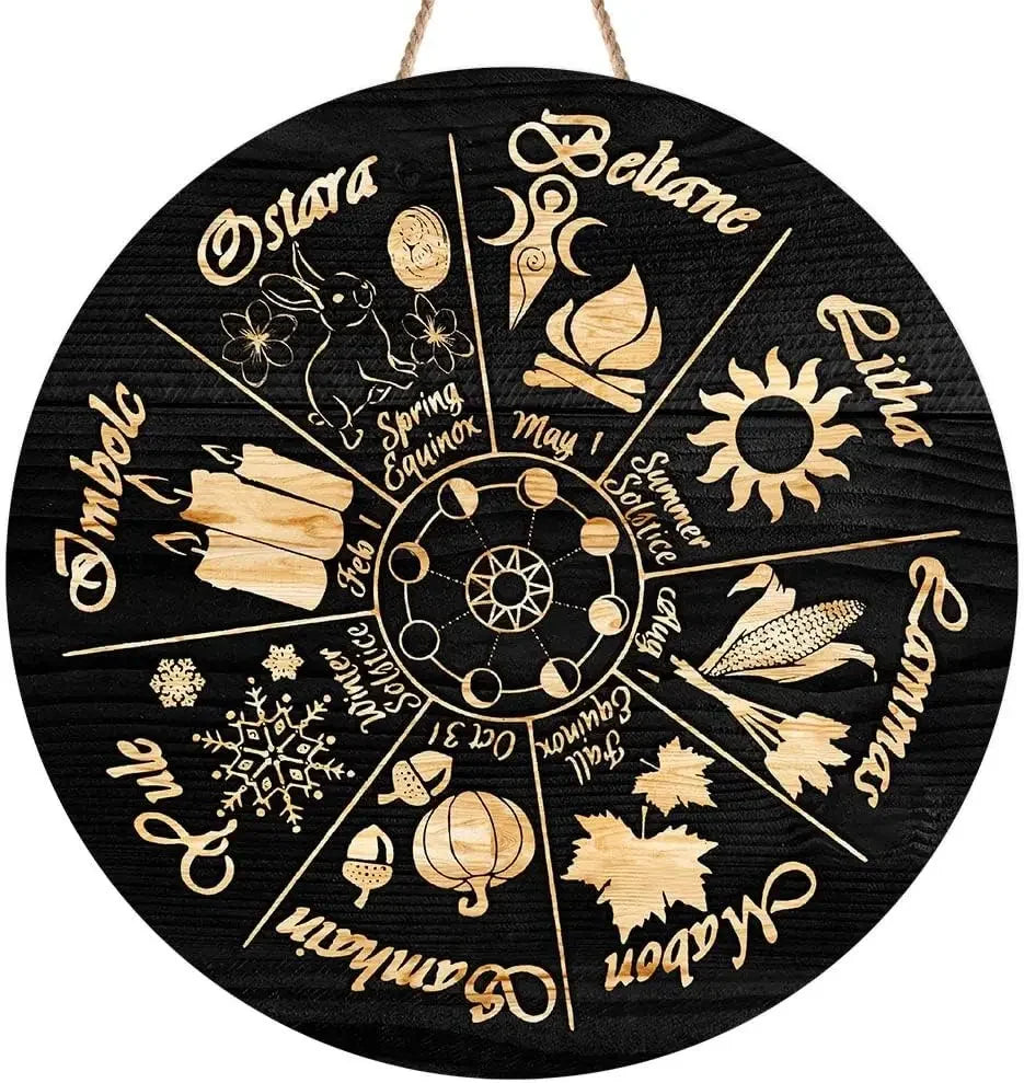 Round Wheel of the Year Wooden Wall Plaque – Pagan Sabbat Calendar for Ritual & Seasonal Decor