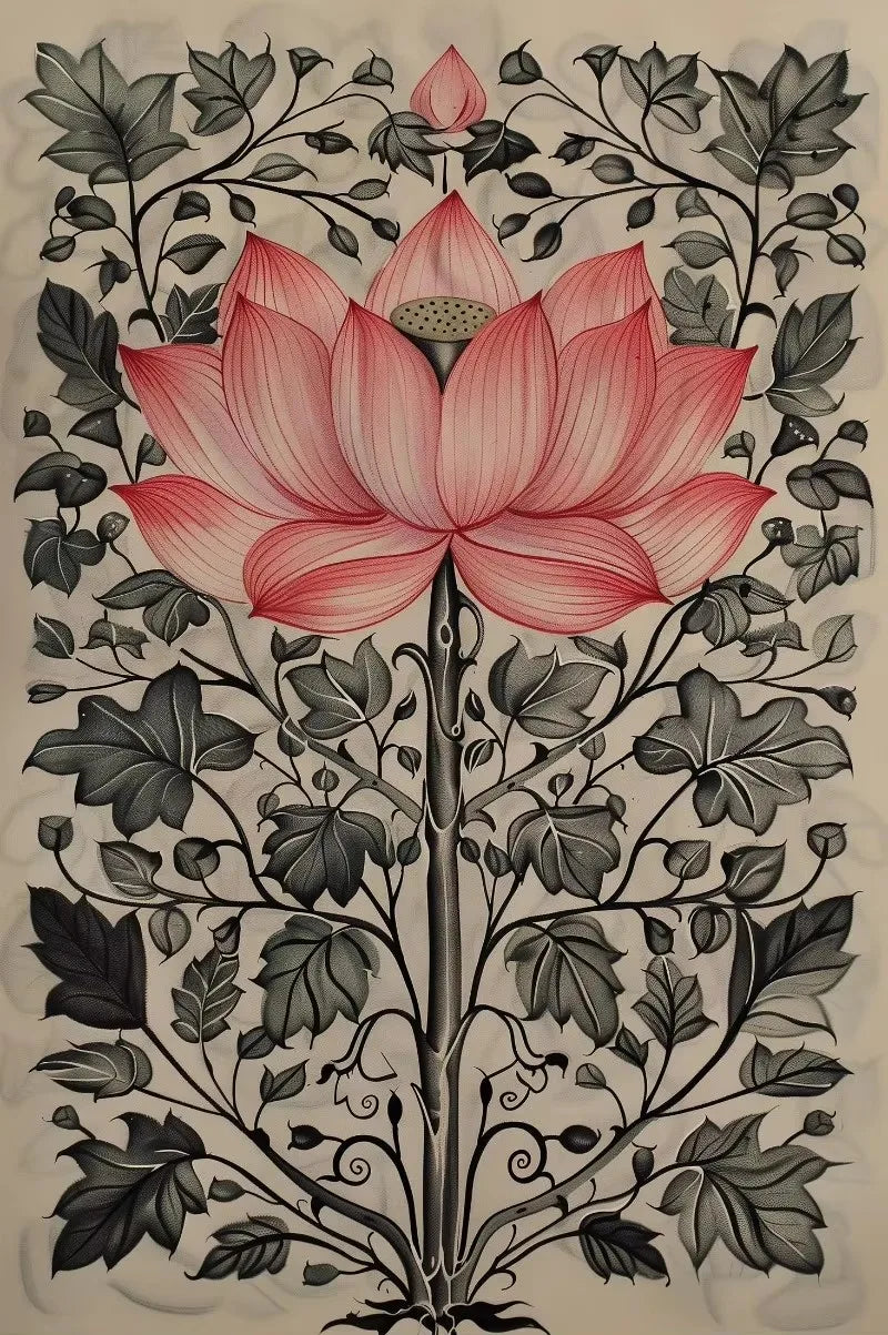 Pink Lotus Indian Art Print – Modern Classic Floral Wall Decor for Meditation Room, Yoga Space & Spiritual Homes