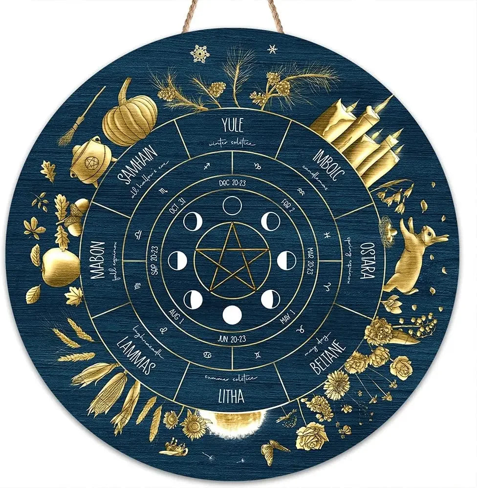 Round Wheel of the Year Wooden Wall Plaque – Pagan Sabbat Calendar for Ritual & Seasonal Decor
