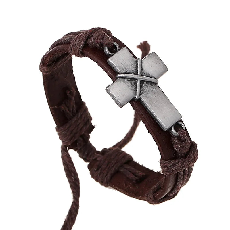 Brown/Black Cross Leather Bracelet – Unisex Faith Bracelet for Men and Women