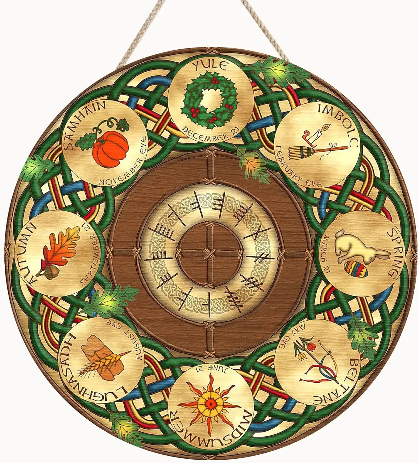 Round Wheel of the Year Wooden Wall Plaque – Pagan Sabbat Calendar for Ritual & Seasonal Decor