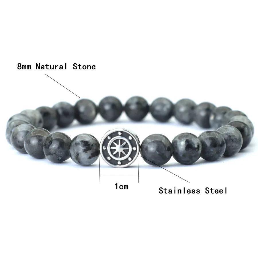 Genuine Natural Stone Viking Compass Bracelet – Norse Pirate Style with Vegvisir Symbol