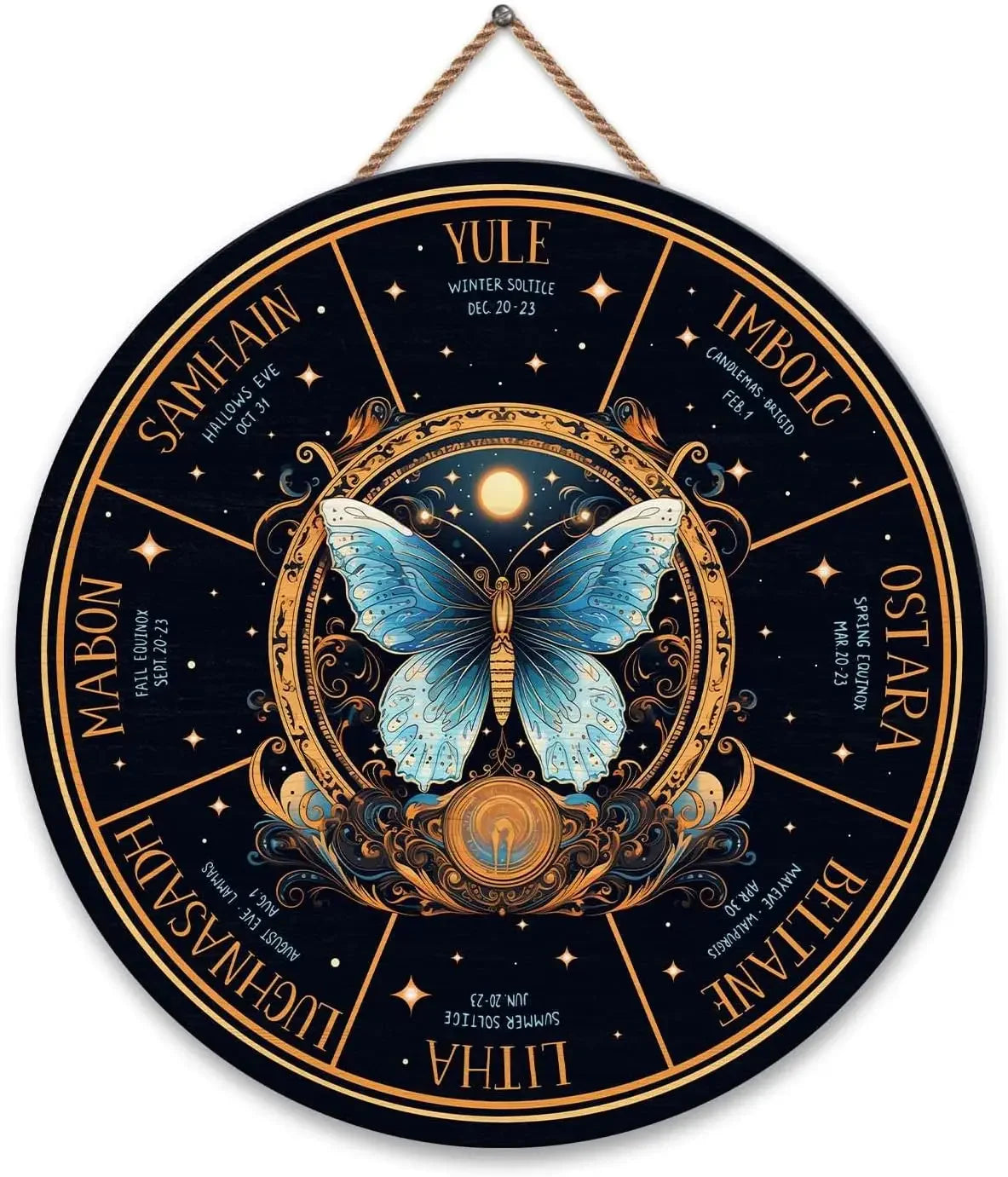 Round Wheel of the Year Wooden Wall Plaque – Pagan Sabbat Calendar for Ritual & Seasonal Decor