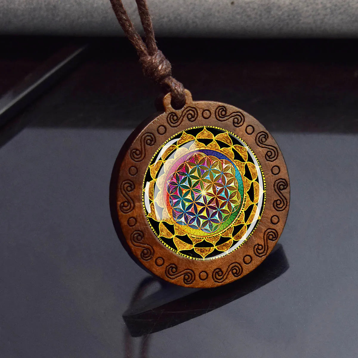 Sri Yantra Mandala Necklace – Sacred Geometry Glass Pendant on Wood Base | Spiritual Jewelry for Meditation & Balance