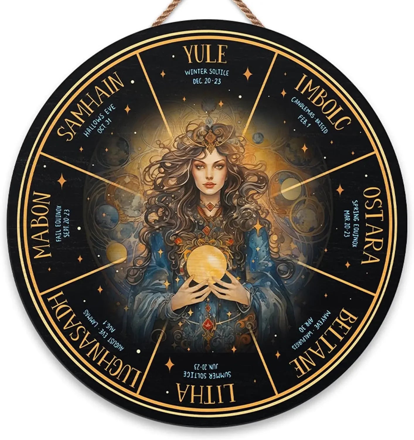 Round Wheel of the Year Wooden Wall Plaque – Pagan Sabbat Calendar for Ritual & Seasonal Decor
