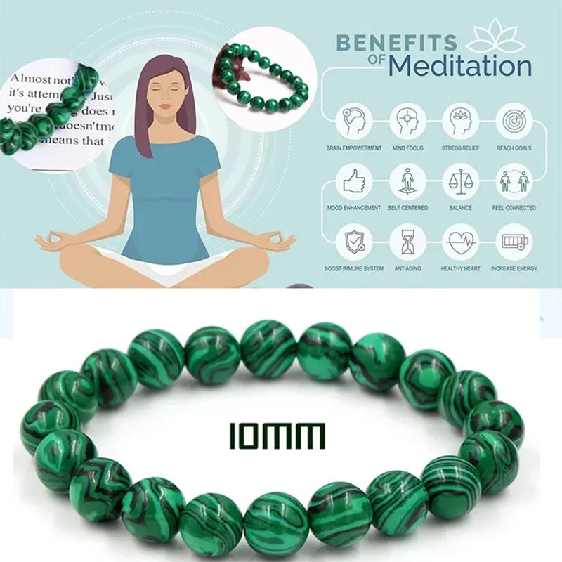 Green Malachite Yoga Beaded Bracelet – 6mm/8mm/10mm Natural Stone for Healing & Protection
