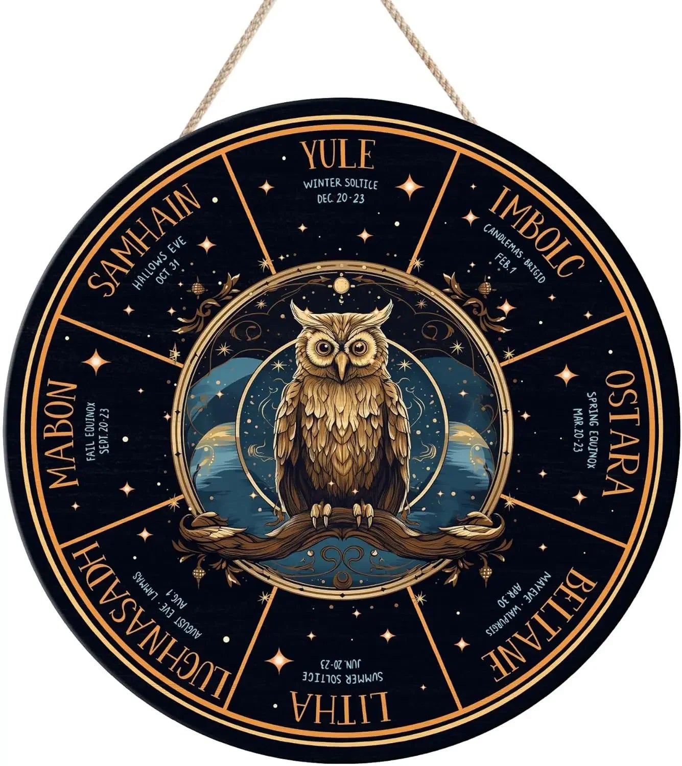 Round Wheel of the Year Wooden Wall Plaque – Pagan Sabbat Calendar for Ritual & Seasonal Decor