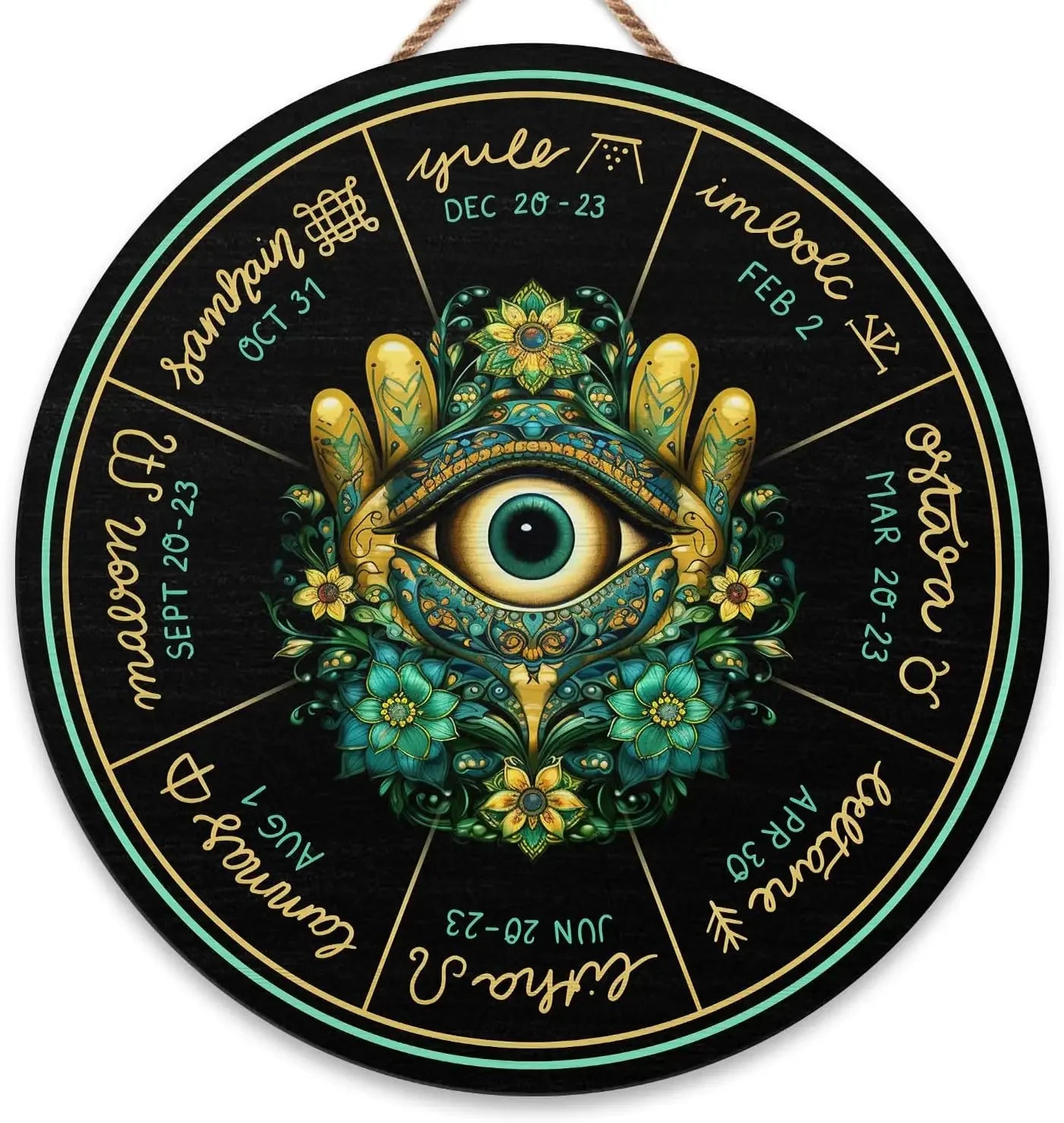 Round Wheel of the Year Wooden Wall Plaque – Pagan Sabbat Calendar for Ritual & Seasonal Decor