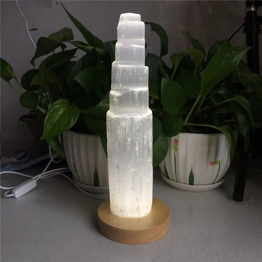 Natural Quartz Crystal Selenite Tower Lamp – Soothing Light for Cleansing & Spiritual Clarity