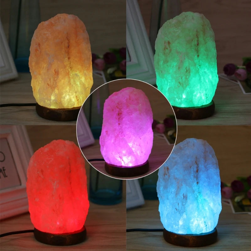 Hand Carved Himalayan Rock Salt Table Lamp with Wooden Base