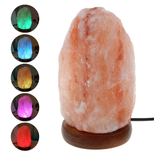 Hand Carved Himalayan Rock Salt Table Lamp with Wooden Base