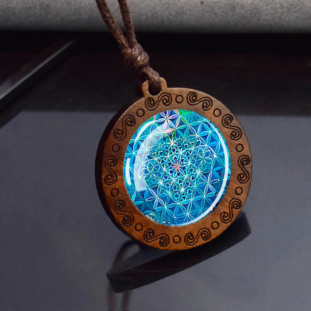 Sri Yantra Mandala Necklace – Sacred Geometry Glass Pendant on Wood Base | Spiritual Jewelry for Meditation & Balance
