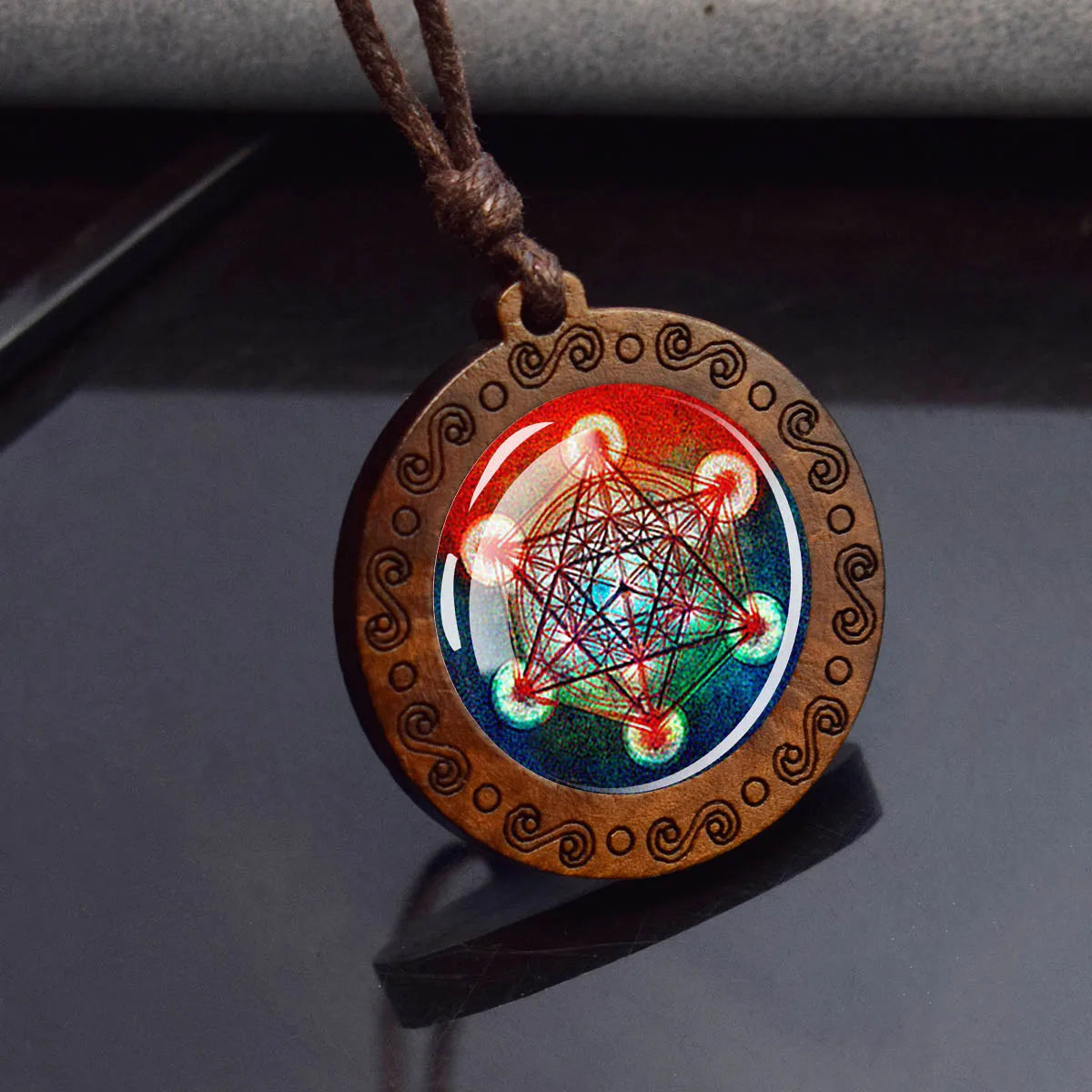 Sri Yantra Mandala Necklace – Sacred Geometry Glass Pendant on Wood Base | Spiritual Jewelry for Meditation & Balance