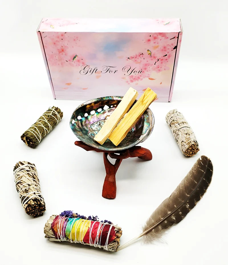 Home Cleansing & Smudging Kit – White Sage, Palo Santo, Abalone Shell, Stand & Smudge Feather