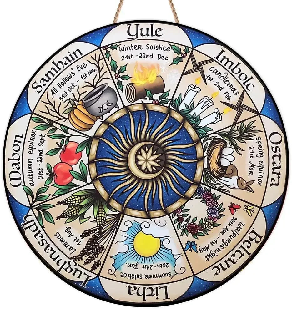 Round Wheel of the Year Wooden Wall Plaque – Pagan Sabbat Calendar for Ritual & Seasonal Decor