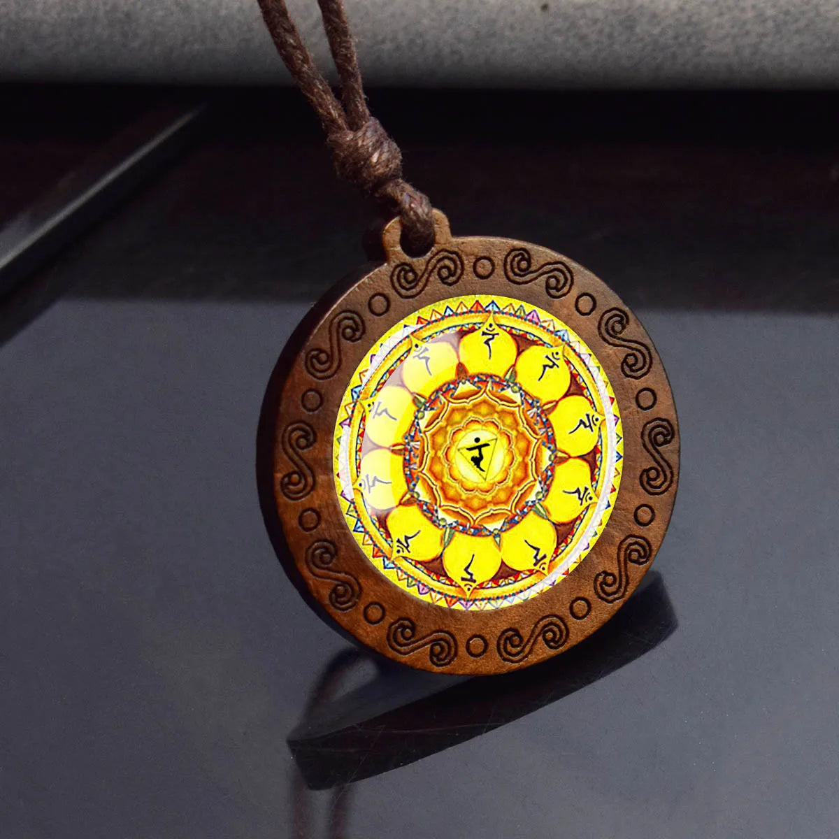 Sri Yantra Mandala Necklace – Sacred Geometry Glass Pendant on Wood Base | Spiritual Jewelry for Meditation & Balance