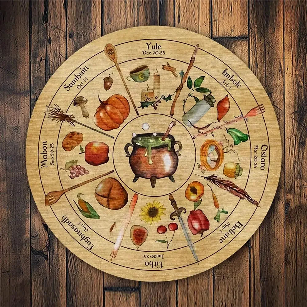 Round Wheel of the Year Wooden Wall Plaque – Pagan Sabbat Calendar for Ritual & Seasonal Decor