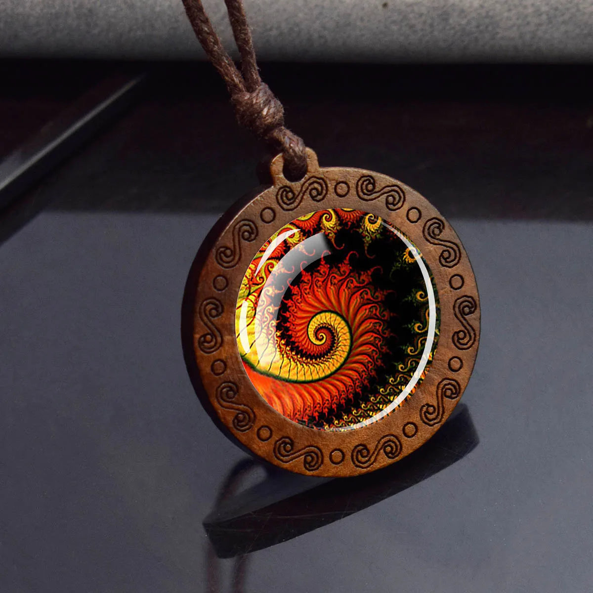 Sri Yantra Mandala Necklace – Sacred Geometry Glass Pendant on Wood Base | Spiritual Jewelry for Meditation & Balance