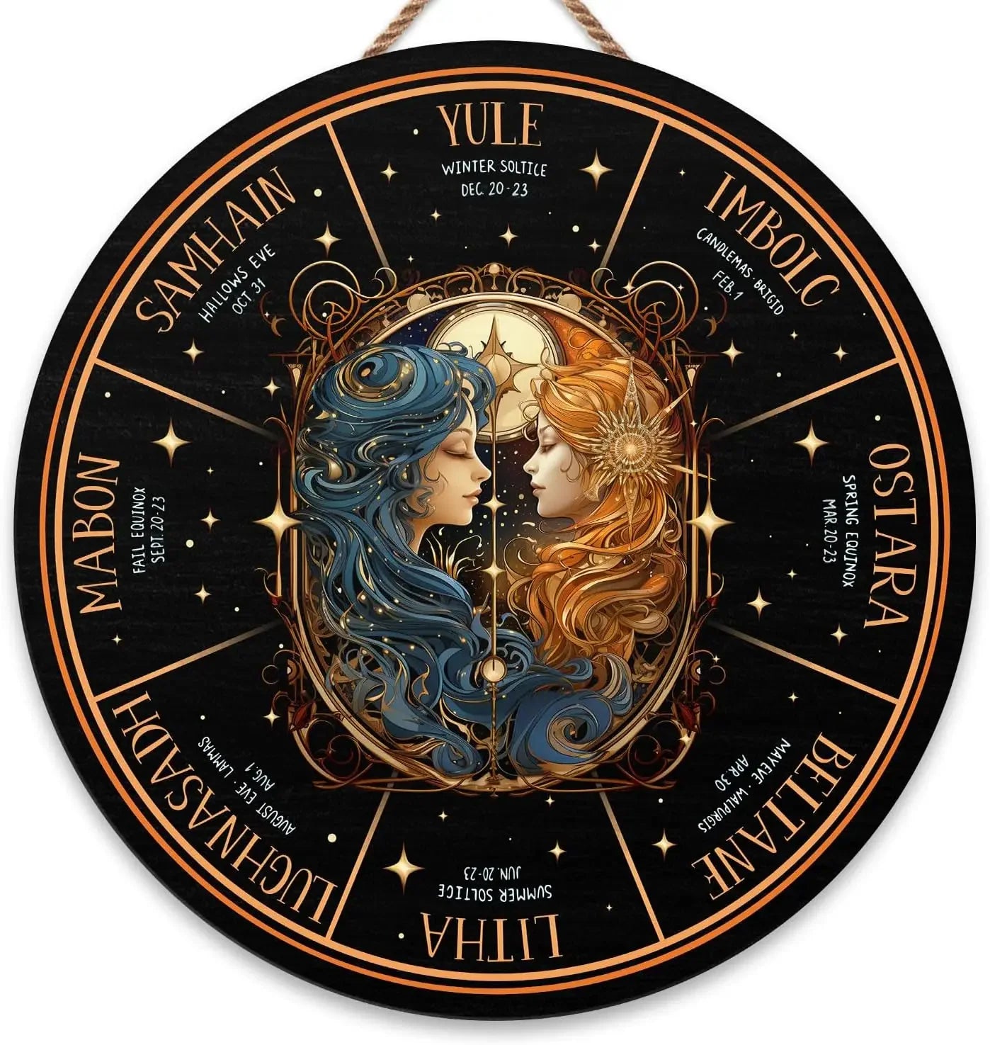 Round Wheel of the Year Wooden Wall Plaque – Pagan Sabbat Calendar for Ritual & Seasonal Decor