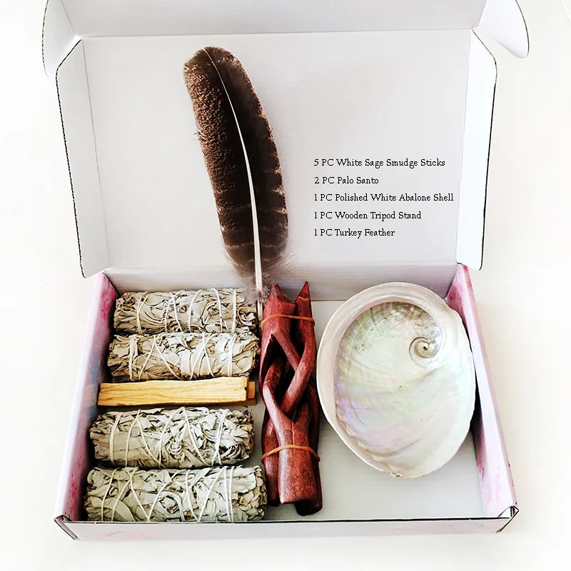 Home Cleansing & Smudging Kit – White Sage, Palo Santo, Abalone Shell, Stand & Smudge Feather