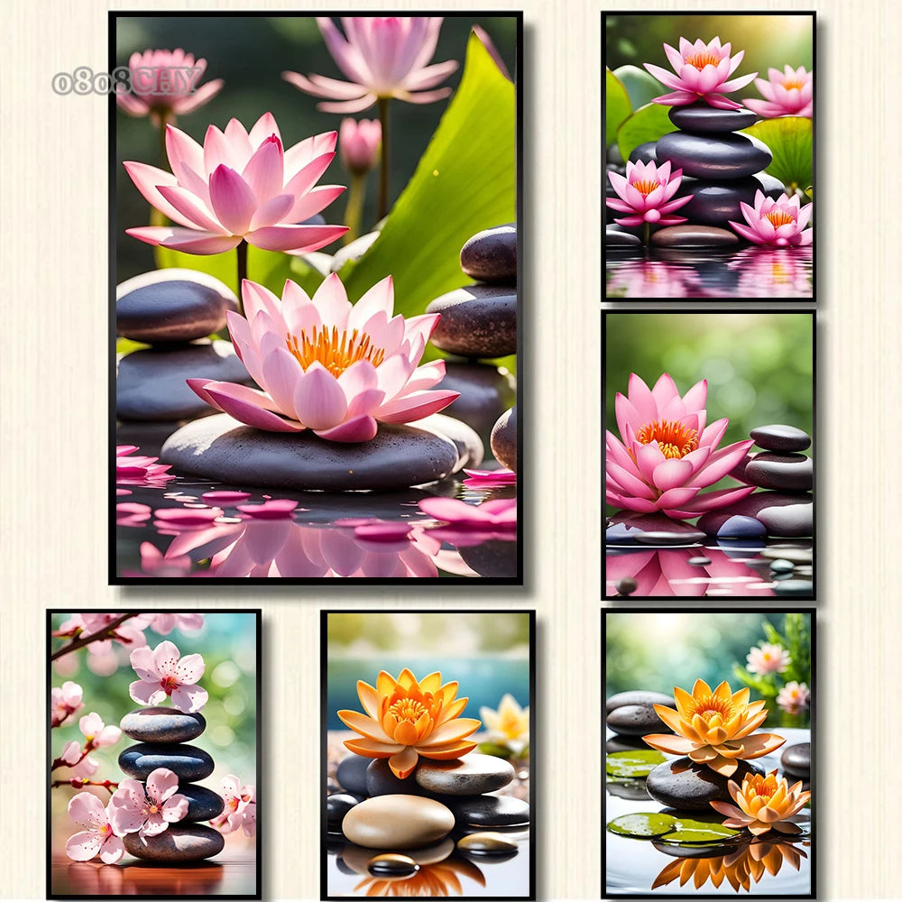 Spa Zen Canvas Wall Art – Cherry Blossom, Pink Lotus & Lily Floral Prints for Relaxation, Meditation & Home Decor