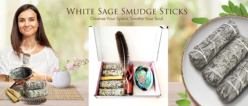 Home Cleansing & Smudging Kit – White Sage, Palo Santo, Abalone Shell, Stand & Smudge Feather