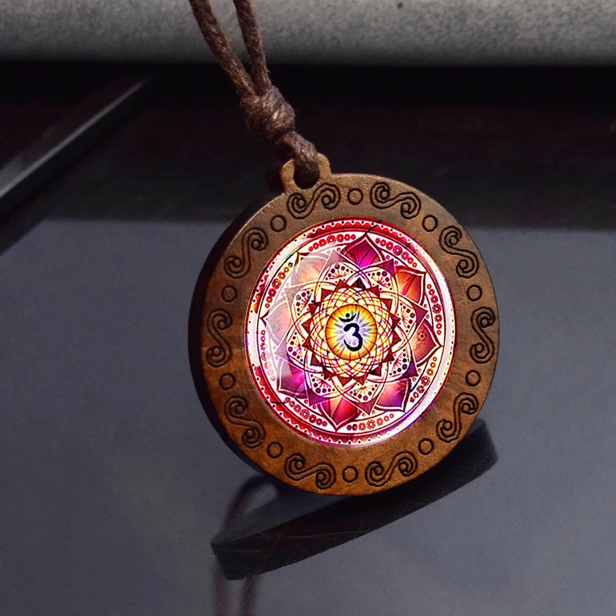 Sri Yantra Mandala Necklace – Sacred Geometry Glass Pendant on Wood Base | Spiritual Jewelry for Meditation & Balance