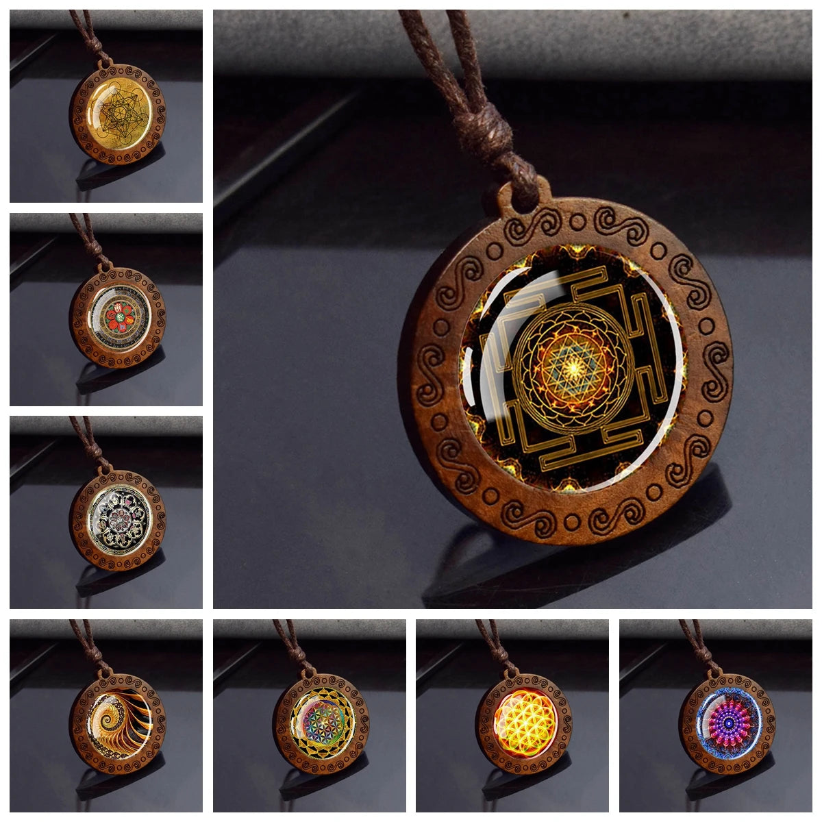 Sri Yantra Mandala Necklace – Sacred Geometry Glass Pendant on Wood Base | Spiritual Jewelry for Meditation & Balance