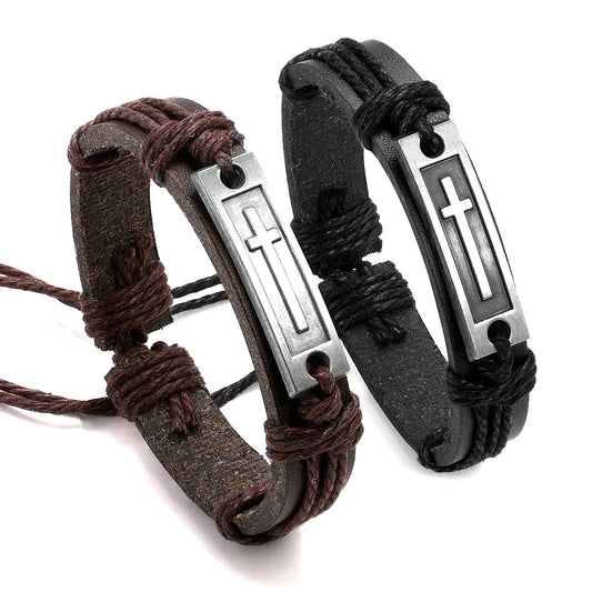 Brown/Black Cross Leather Bracelet – Unisex Faith Bracelet for Men and Women