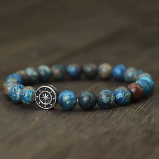 Genuine Natural Stone Viking Compass Bracelet – Norse Pirate Style with Vegvisir Symbol